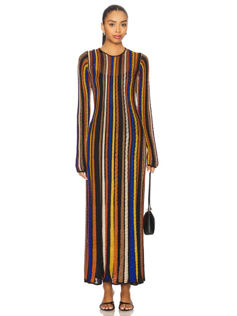 New Ulla Johnson Albie Knit Long Sleeve Maxi Dress Zoisite Black Stripe Multi Xs